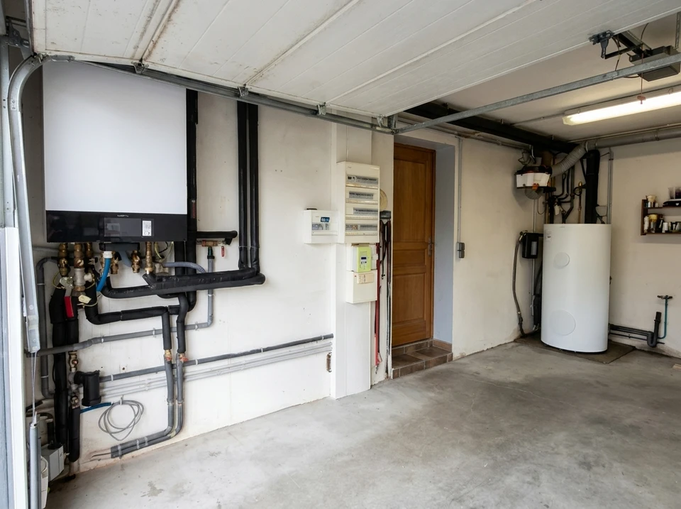 Garage technique avec installation de chauffage murale : chaudière à condensation Vaillant noire avec réseau de tuyauterie PVC et raccords laiton, tableau électrique, compteur, ballon thermodynamique blanc