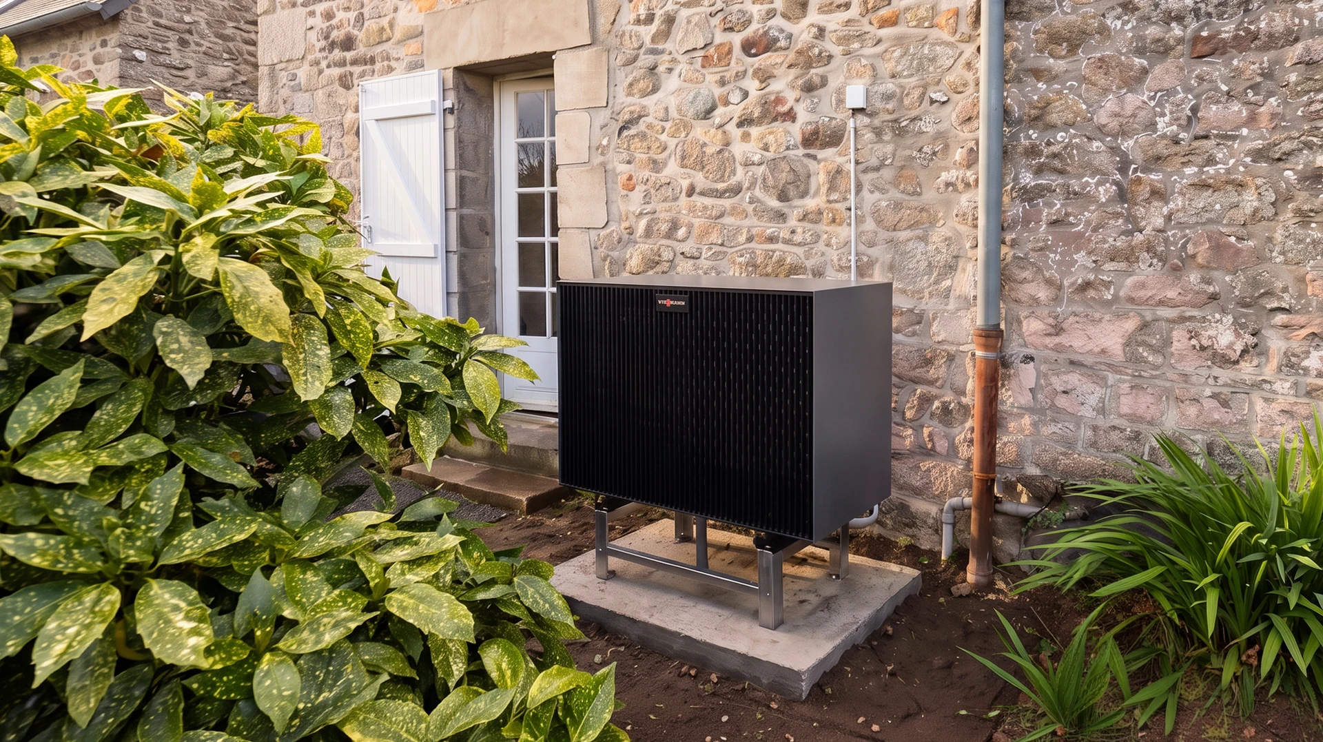 Installation extérieure d'une pompe à chaleur air/eau bi-blocs contre un mur en pierre