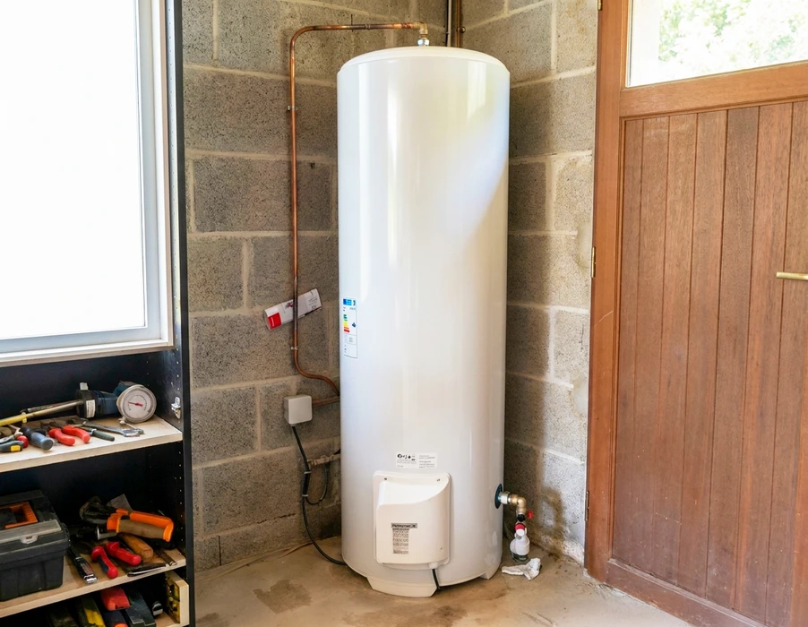 Unité extérieure de climatisation **Hitachi airHome** installée sur plots anti-vibratoires, posée sur carrelage en terrasse extérieure