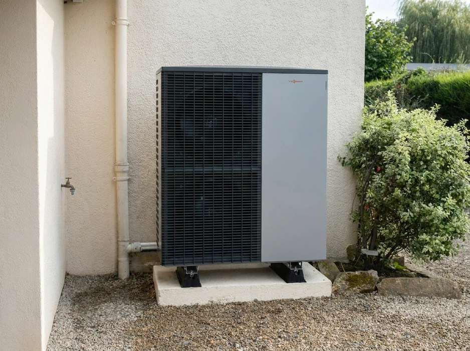 Chaufferie intérieure avec chaudière murale à condensation **Viessmann** en finition blanche, équipée d'un écran tactile de régulation