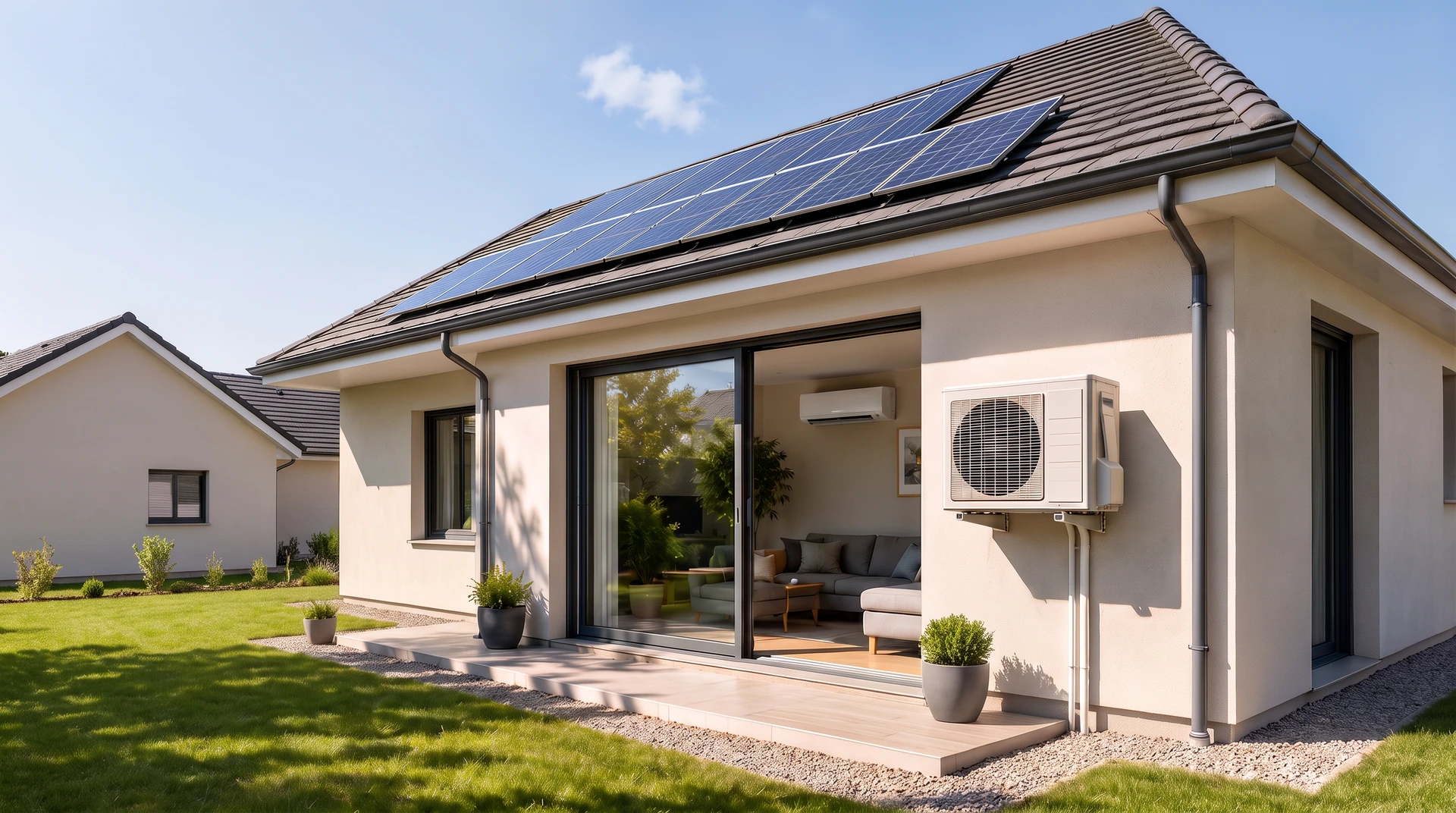 Photographie en extérieur d'une maison résidentielle moderne avec en premier plan une pompe à chaleur air-eau Viessmann blanche et grise fraîchement installée, fixée sur plots anti-vibratoires sur dalle béton. Un technicien en combinaison de travail noire et rouge effectue les derniers réglages. Une camionnette Renault Trafic blanche aux couleurs de l'entreprise Pilard est visible en arrière-plan. L'environnement doit être lumineux et accueillant, montrant le confort résidentiel et le professionnalisme de l'intervention.